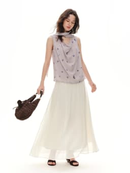 DUSHU 2026 Summer Women's Sequin Embroidered Cowl Neck Sleeveless Blouse with Draped Tie Detail - Effortless Relaxation Style