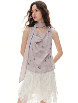 DUSHU 2026 Summer Women's Sequin Embroidered Cowl Neck Sleeveless Blouse with Draped Tie Detail - Effortless Relaxation Style