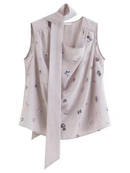 DUSHU 2026 Summer Women's Sequin Embroidered Cowl Neck Sleeveless Blouse with Draped Tie Detail - Effortless Relaxation Style