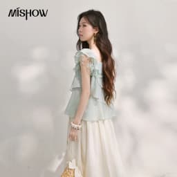 MISHOW Women's Sweet Square Neck Blouses 2026 Summer Lace Embroidery Irregular Ruffle Blouse Elegant Blend Fabric Top MXF29X2726