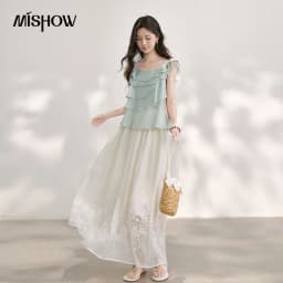 MISHOW Women's Sweet Square Neck Blouses 2026 Summer Lace Embroidery Irregular Ruffle Blouse Elegant Blend Fabric Top MXF29X2726