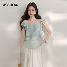 MISHOW Women's Sweet Square Neck Blouses 2026 Summer Lace Embroidery Irregular Ruffle Blouse Elegant Blend Fabric Top MXF29X2726