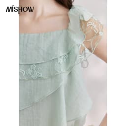 MISHOW Women's Sweet Square Neck Blouses 2026 Summer Lace Embroidery Irregular Ruffle Blouse Elegant Blend Fabric Top MXF29X2726
