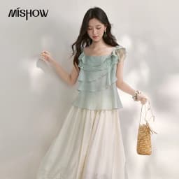 MISHOW Women's Sweet Square Neck Blouses 2026 Summer Lace Embroidery Irregular Ruffle Blouse Elegant Blend Fabric Top MXF29X2726