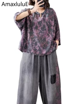 Amax LuluE 2026 Outfits Ladies Fashion T-Shirts Suits Loose Printed Denim Two Pieces Sets Loose Tops Casual Jeans Classic Pants