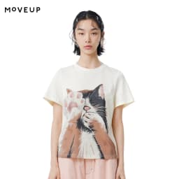 MOVEUP Short Sleeves Round Neck T-Shirt 2026 Summer New Pure Cotton Cat Print Tees Commuting Loose Fit Top For Women 325210580