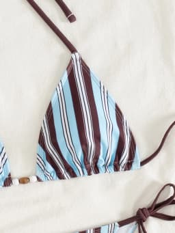 2026 New Color Blocked Striped Printed Triangle Tie Sexy Split Bikini Set Swimsuit Swimwear