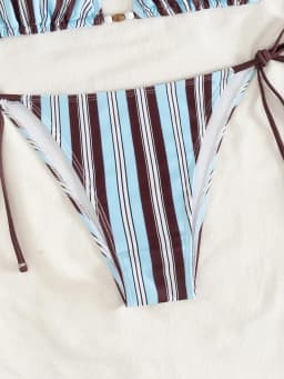 2026 New Color Blocked Striped Printed Triangle Tie Sexy Split Bikini Set Swimsuit Swimwear