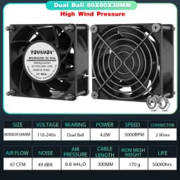 YOUNUON 60mm 80mm 90mm 120mm EC Brushless Fan AC 110V 115V 120V 220V 240V Axial Fan with Srews/Grill 6025 8025 9225 12025 12038