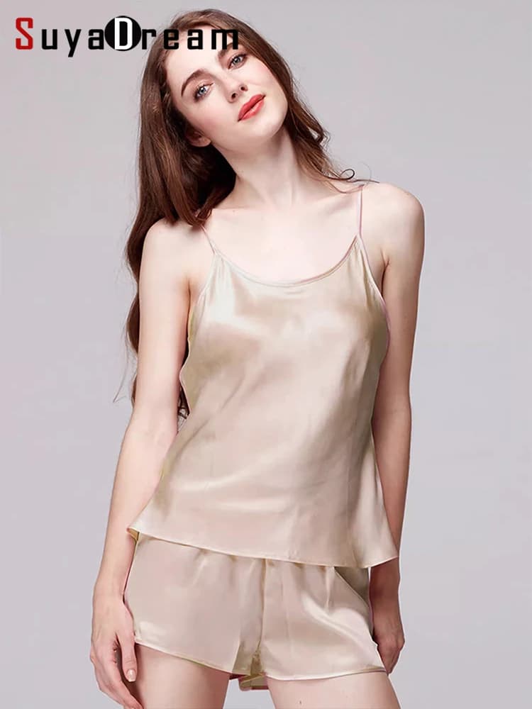 SuyaDream. Women Camis and Shorts, 19MM 100%Real Silk, Sleeveless Chic Summer Set, 2024 Solid Camisoles, White, Pink, Beige