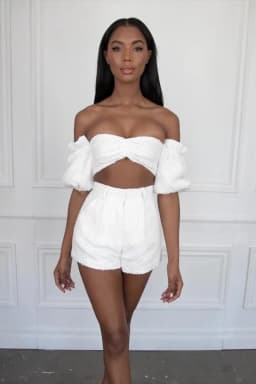 Two Piece Set Women Off Shoulder Puff Sleeve Short Crop Top High Waist Wide Shorts Tracksuit Sexy Conjunto Femenino 2 Piece Set
