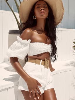 Two Piece Set Women Off Shoulder Puff Sleeve Short Crop Top High Waist Wide Shorts Tracksuit Sexy Conjunto Femenino 2 Piece Set