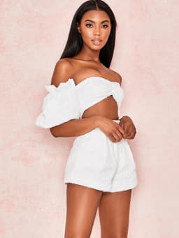 Two Piece Set Women Off Shoulder Puff Sleeve Short Crop Top High Waist Wide Shorts Tracksuit Sexy Conjunto Femenino 2 Piece Set