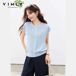 VIMLY Women's Casual Knit Short Sleeve T-shirt 2026 Summer New Blue Crew Neck Button Down Flutter Sleeve Minimalist Top 30935