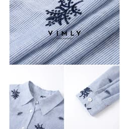 VIMLY Women's Blue Embroidery Shirt Casual 2026 Fall Clothes Striped Long Sleeve Polo Women Shirts Elegant Pure Cotton Top A3100