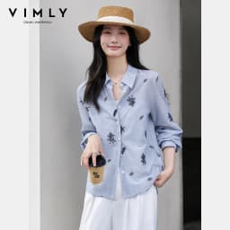 VIMLY Women's Blue Embroidery Shirt Casual 2026 Fall Clothes Striped Long Sleeve Polo Women Shirts Elegant Pure Cotton Top A3100