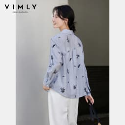 VIMLY Women's Blue Embroidery Shirt Casual 2026 Fall Clothes Striped Long Sleeve Polo Women Shirts Elegant Pure Cotton Top A3100