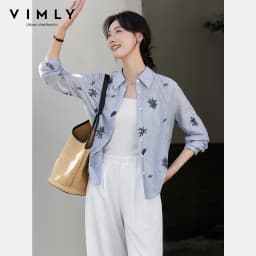 VIMLY Women's Blue Embroidery Shirt Casual 2026 Fall Clothes Striped Long Sleeve Polo Women Shirts Elegant Pure Cotton Top A3100