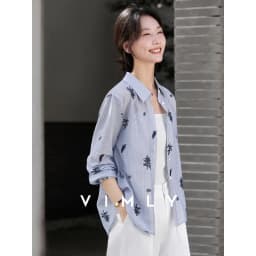 VIMLY Women's Blue Embroidery Shirt Casual 2026 Fall Clothes Striped Long Sleeve Polo Women Shirts Elegant Pure Cotton Top A3100