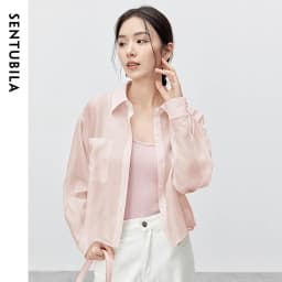 SENTUBILA Lyocell Women Shirt 2026 Spring Summer Lapel Neck Long Sleeve Crop Solid Pockets Lace-up Female Cozy Blouse 142C54323
