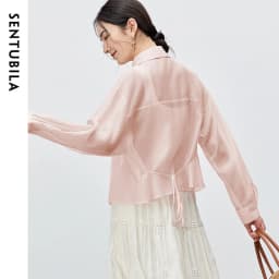 SENTUBILA Lyocell Women Shirt 2026 Spring Summer Lapel Neck Long Sleeve Crop Solid Pockets Lace-up Female Cozy Blouse 142C54323