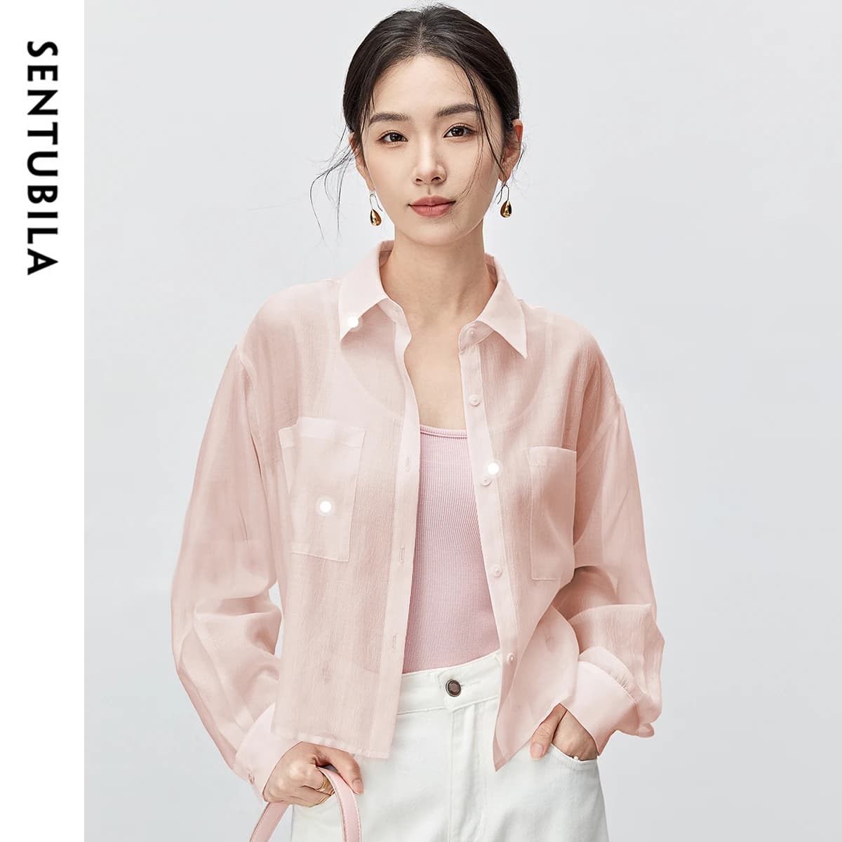 SENTUBILA Lyocell Women Shirt 2026 Spring Summer Lapel Neck Long Sleeve Crop Solid Pockets Lace-up Female Cozy Blouse 142C54323
