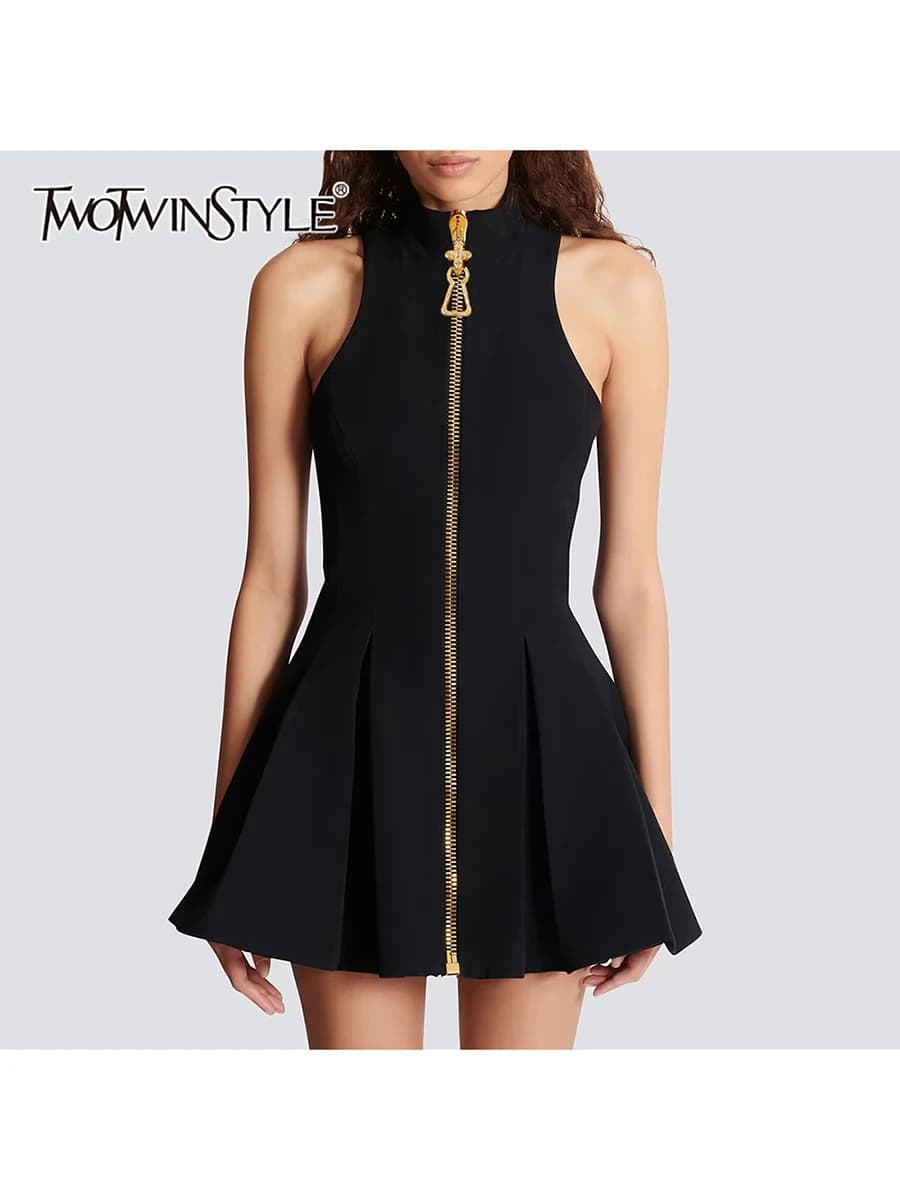 TWOTWINSTYLE Slimming Spliced Zipper Fashion Mini Dresses for Women High Neck Sleeveless High Waist Patchwork Folds Dress Female