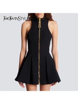 TWOTWINSTYLE Slimming Spliced Zipper Fashion Mini Dresses for Women High Neck Sleeveless High Waist Patchwork Folds Dress Female