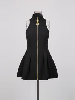 TWOTWINSTYLE Slimming Spliced Zipper Fashion Mini Dresses for Women High Neck Sleeveless High Waist Patchwork Folds Dress Female