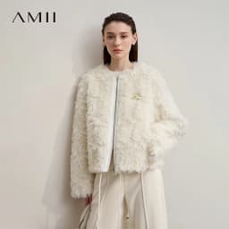 AMII Women's Coat 2026 Winter Warm Minimalist Loose Short Fur Coats Elegant Zipper Long Sleeve Jacket Woman Clothing 12514003