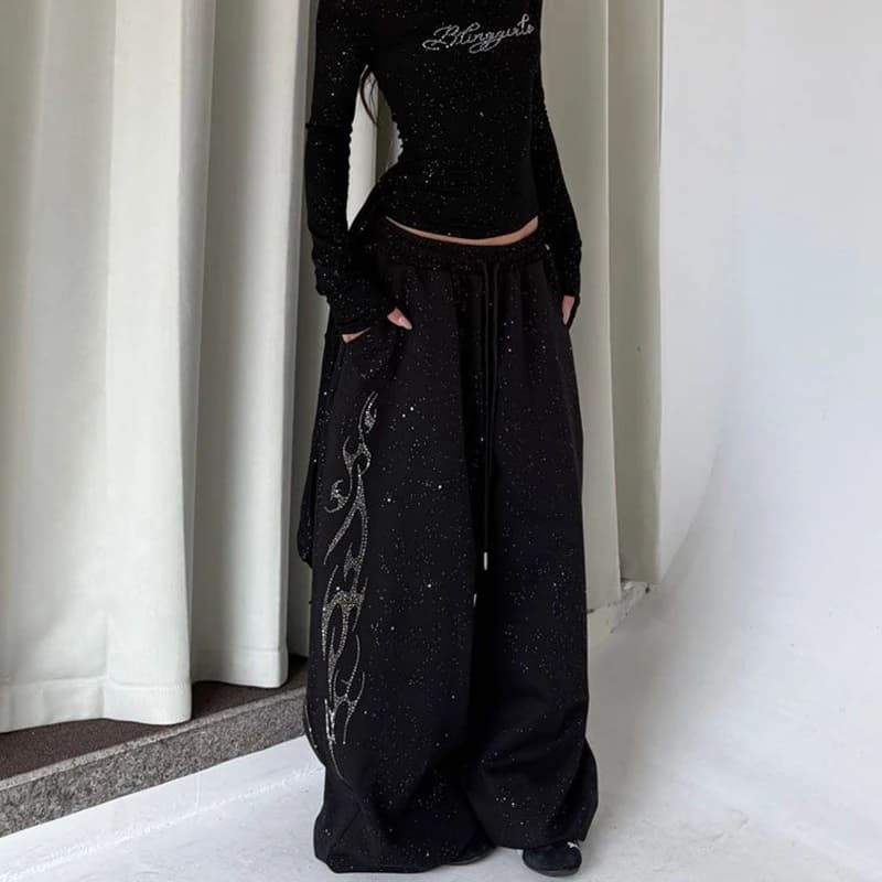 Y2K Black Diamond Sweatpants Women Harajuku Streetwear Baggy Joggers Fashion Wide Leg Pants Hip Hop Oversized Casual Trousers