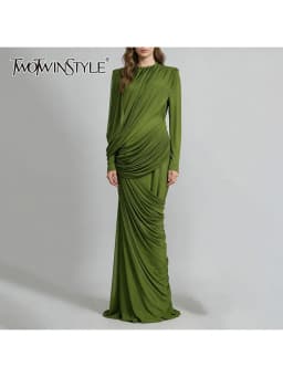 TWOTWINSTYLE Fashion Slimming Spliced Shirring Design Sense Dresses for Women Stand Neck Long Sleeves Irregular Dress Female New