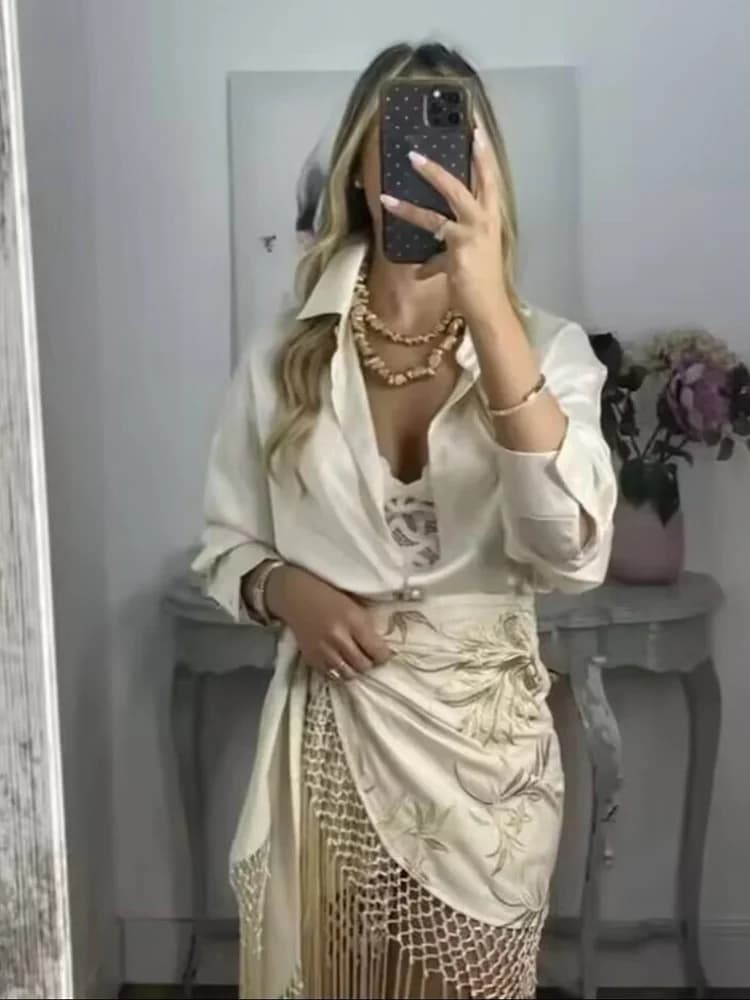 HH Women's Summer Fashion Embroidered Sexy Tassel Spliced Skirt Female High Waist Bottoms Lace Knot Asymmetrical Midi Skirt