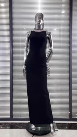 Customization Stylish Backless Sparkling Diamond Long Sleeve Black Dress