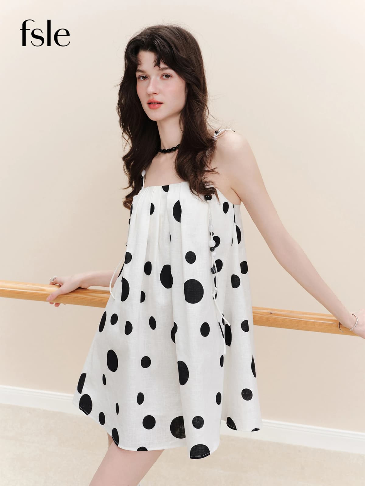 FSLE【L'amour Series】Summer Women's French Style Blend Polka Dot Slip Dress with Beaded Detail Beach Vacations Summer Vibes Dress