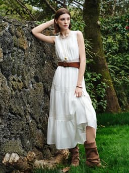 ZIQIAO 2026 Summer Women's Acetate and Lace Overlay Tiered Dress - Sleeveless Elegant for Resort and Special Events