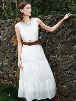 ZIQIAO 2026 Summer Women's Acetate and Lace Overlay Tiered Dress - Sleeveless Elegant for Resort and Special Events