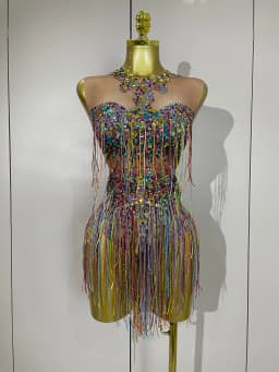 STOCK Sparkle Colorful Rhinestones Sequins Tassel Bodysuits Evening Birthday Party NightClub Bar DJ Dancer Team Stage Costume