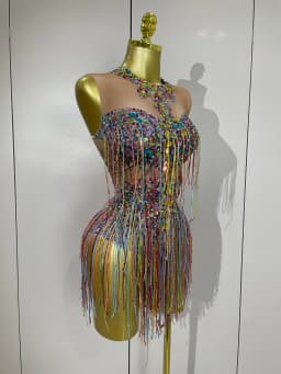 STOCK Sparkle Colorful Rhinestones Sequins Tassel Bodysuits Evening Birthday Party NightClub Bar DJ Dancer Team Stage Costume