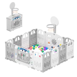 UBRAVOO Foldable Baby Playpen with Basketball Hoop & 50Pcs Coloured Pit Balls, Toddler and Baby Play pen fence, 14-Panel