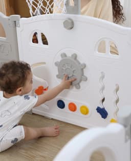 UBRAVOO Foldable Baby Playpen with Basketball Hoop & 50Pcs Coloured Pit Balls, Toddler and Baby Play pen fence, 14-Panel