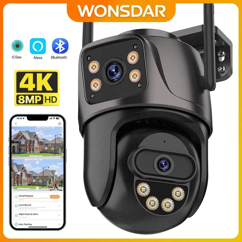 WONSDAR WIFI IP Camera Outdoor Dual Lens Security Camera 4K 8MP Ai Human Detection Security Protection Waterproof Camera PTZ ICsee