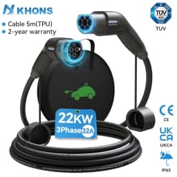 Khons EV Charging Cable Type2 To Type2 Charger Cable 22kw 32A EV Charger Female Plug To Male Plug EVSE Charging 5M TPU Cable