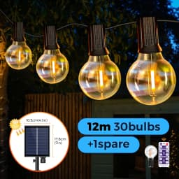 12M 30 LEDS G40 Solar String Lights Outdoor Patio Lights Solar & USB Powered Waterproof Globe Hanging Lights with Shatterproof