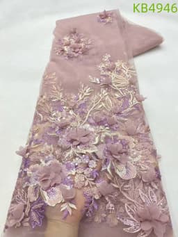 3D Flower Embroidery Lace Purple Flower Beaded Fabric Lace Wedding Dress Gold French Lace Sequin Tulle Lace For Sewing KB2932