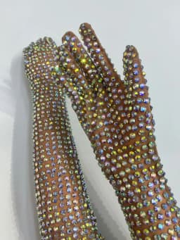 Sexy Dress AB Rhinestone Sheer Mesh Long Gloves Women Full Finger Sparkly Stage Performance Party Outfit Accessory