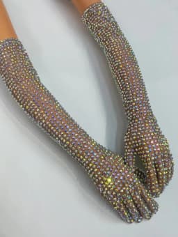 Sexy Dress AB Rhinestone Sheer Mesh Long Gloves Women Full Finger Sparkly Stage Performance Party Outfit Accessory