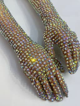 Sexy Dress AB Rhinestone Sheer Mesh Long Gloves Women Full Finger Sparkly Stage Performance Party Outfit Accessory