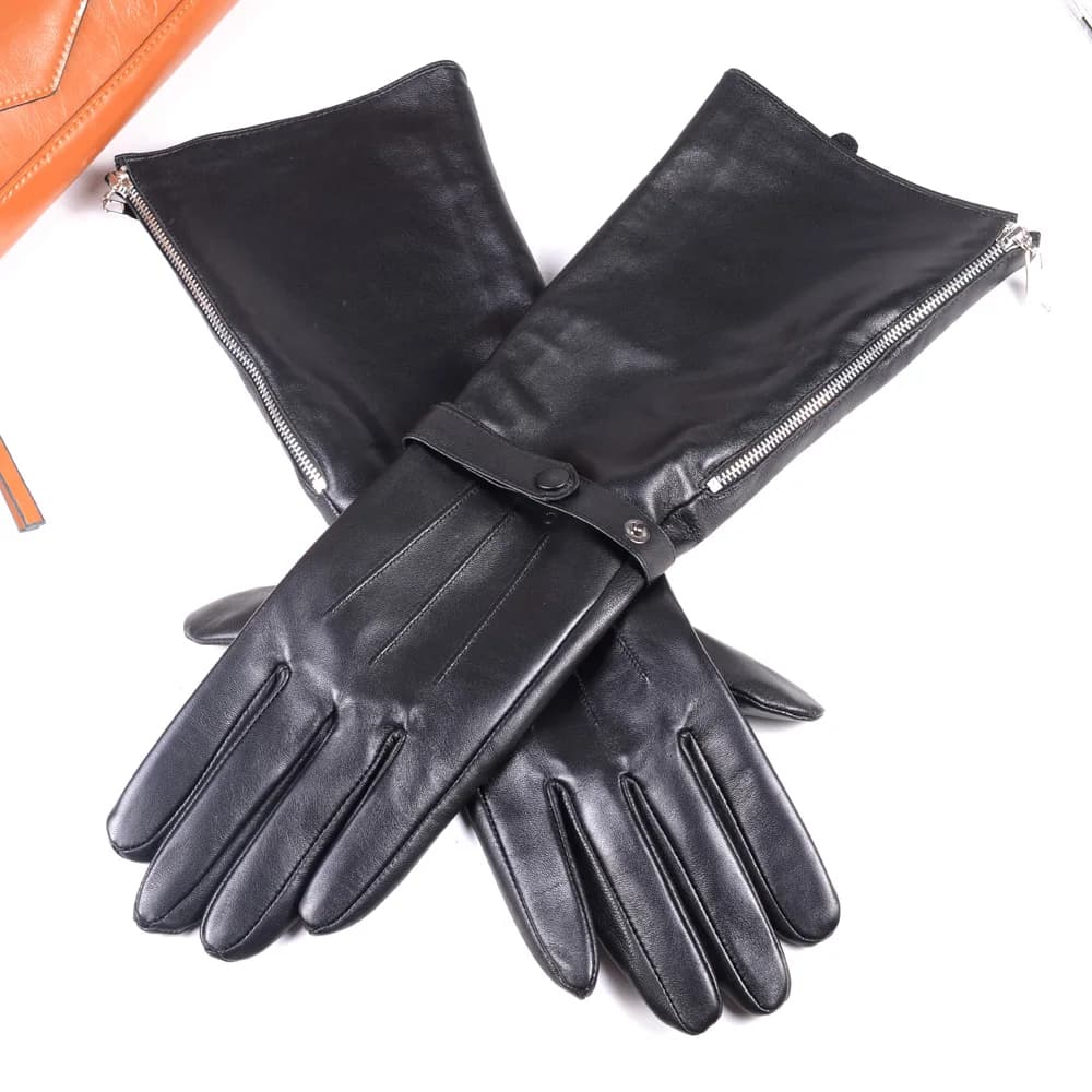 40cm Men's Black Sheepskin Real Leather Medieval Renaissance Long Cuff Zipper Knight Gauntlet Elbow Long Gloves