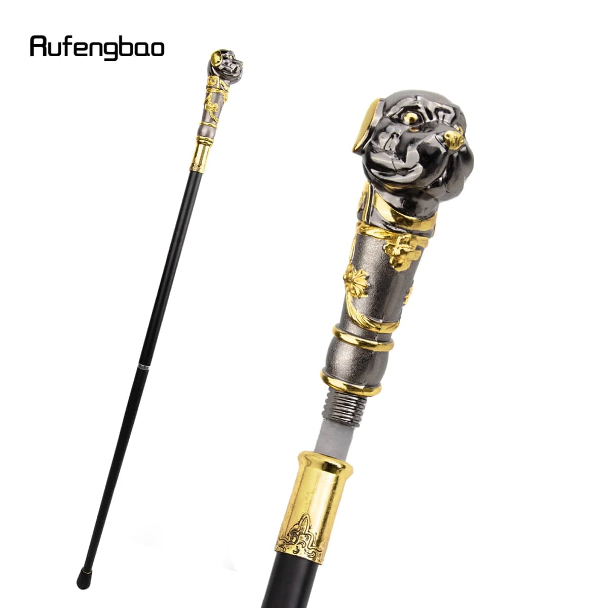 Golden Black Puppy Bulldog Dog Walking Stick with 26cm Hidden Sword Self Defense Fashion Cane Sword Cosplay Crosier 93cm